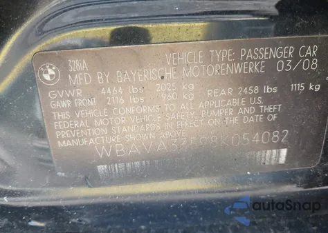 2008 BMW 328I from USA, damaged, VIN WBAVA33598K054082